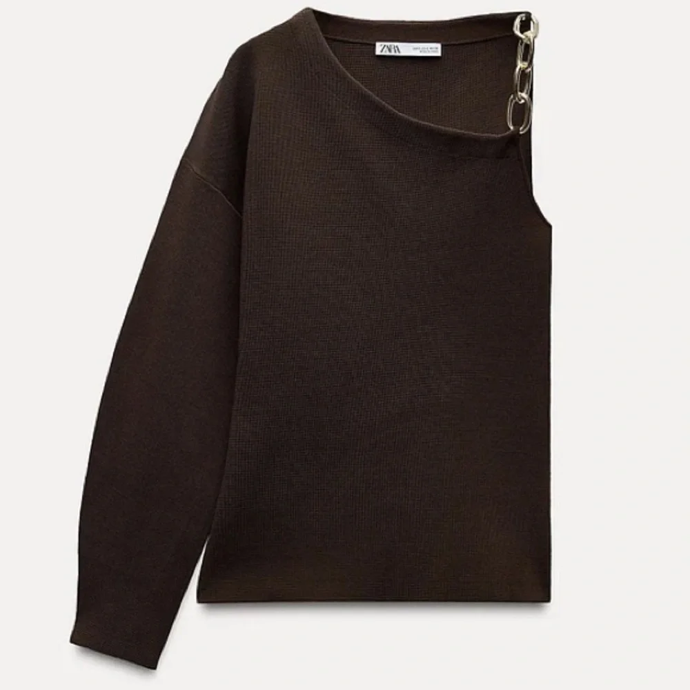 NWT Zara Asymmetric One Shoulder Knit Top w Gold Chain Chocolate Brown Sz S